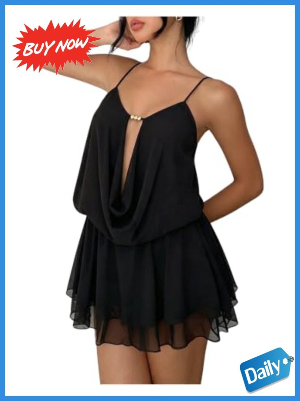 Flowy Mesh Mini Dress Spaghetti Strap Cowl Neck Party Night Out